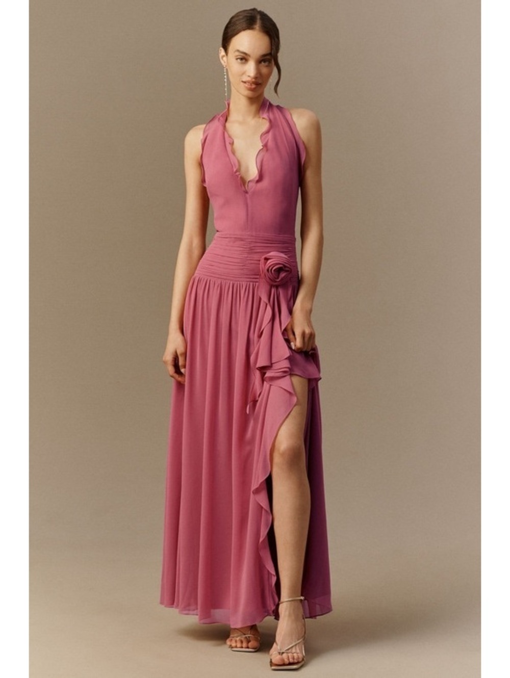 BHLDN Plunge Halter Chiffon Formal Maxi Dress